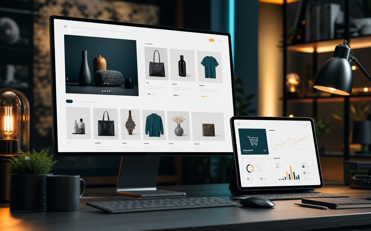 E-commerce storefront case study displayed on desktop monitor and tablet
