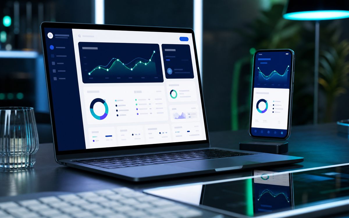 FinTech dashboard website case study displayed on laptop and phone